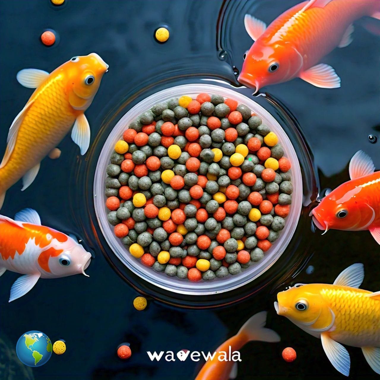 a group of fish in water with food in bowl