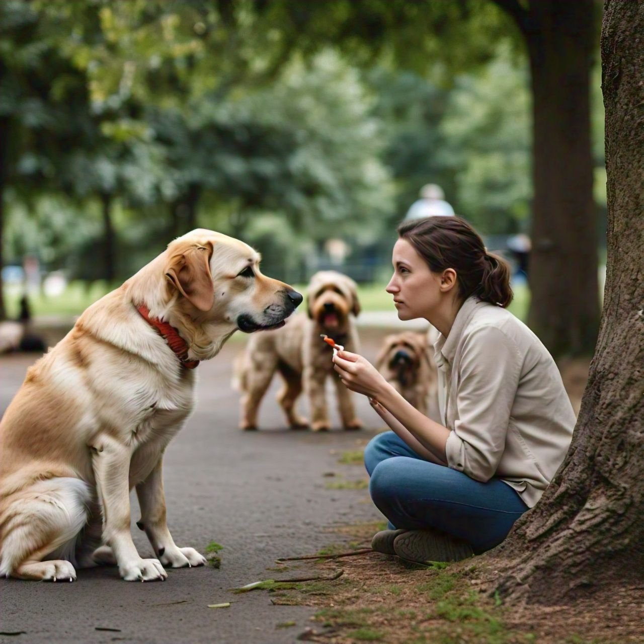 a woman sitting next to a tree and a dog