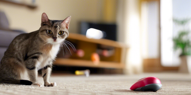 Curious tabby cat on floor, intently focused on a nearby computer mouse.