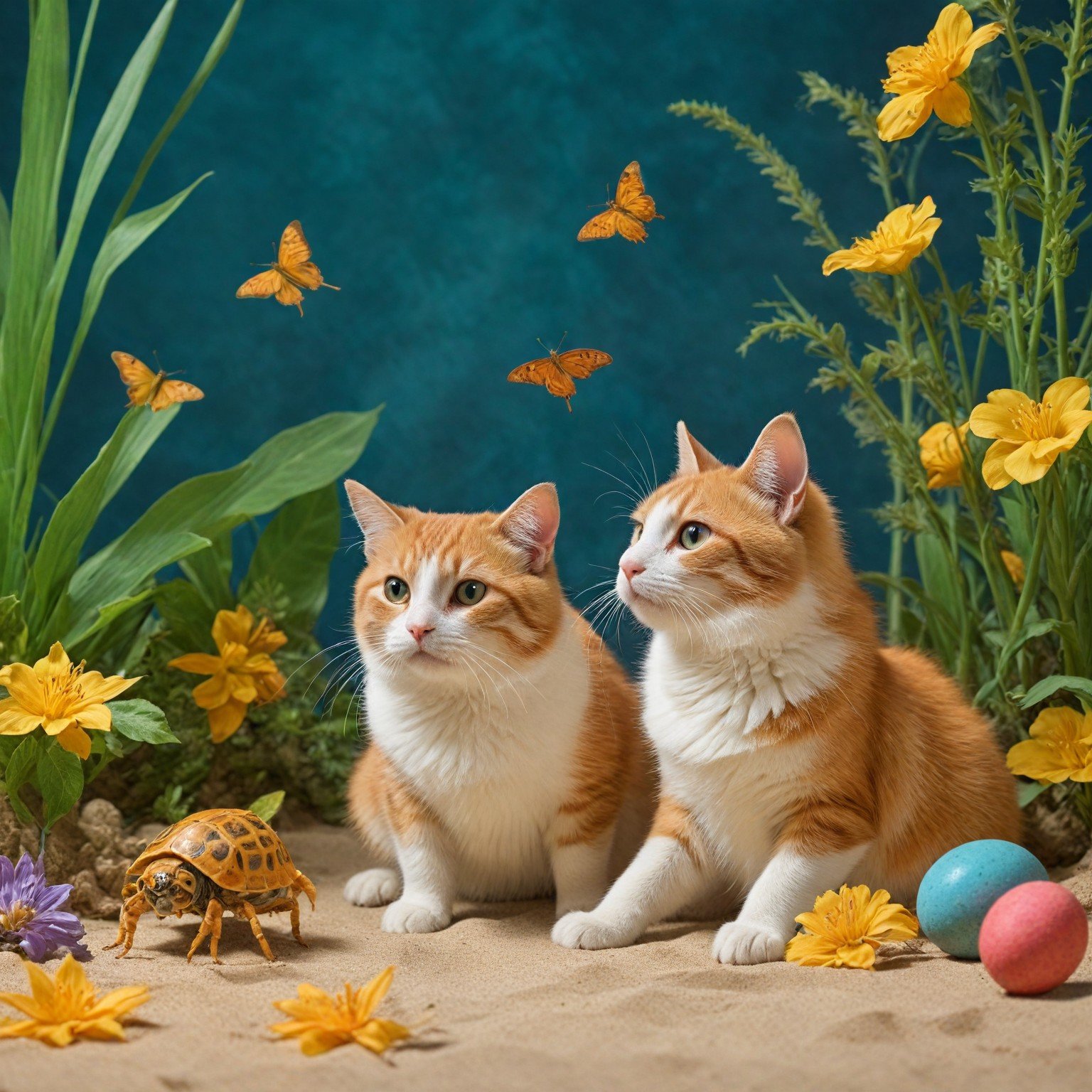 two cats sitting in the sand next to flowers and butterflies